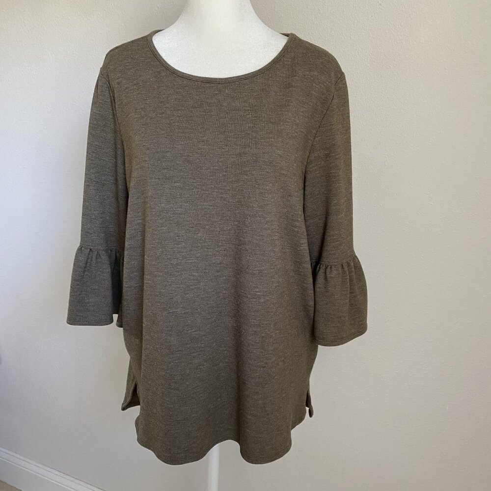 Adrianna Papell Womens L Large Dark Olive Green Comfy Knit Top Ruffle Sleeve